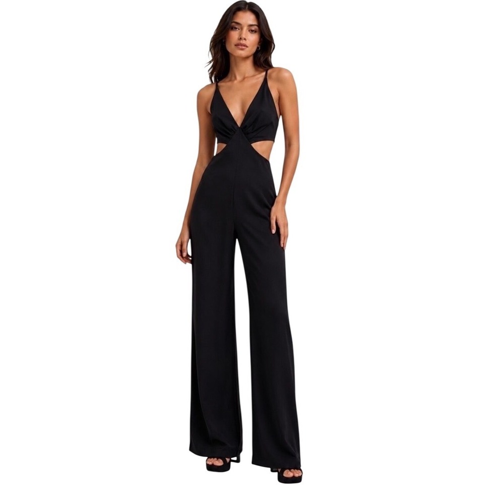 Maje Piblanca Black Satin Cutout Wide Leg Jumpsuit 36 S Gala Wedding Guest